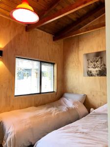 Gasselte的住宿－Stijlvolle bungalow nabij prachtige zwempoel，一间卧室设有两张床和一扇带猫照片的窗户。