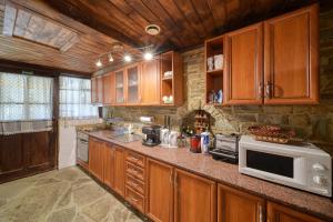 a kitchen with wooden cabinets and a microwave at Villa Fiikova in Medven