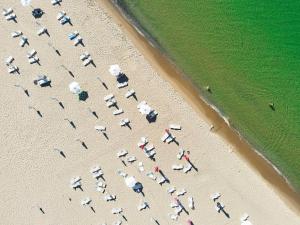 an overhead view of a beach with a group of cars at Messambria Fort Noks Beach Apartments in Elenite