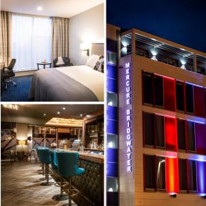 a hotel room with a bed and a bar at Mercure Bridgwater in Bridgwater
