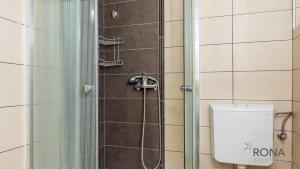 a shower with a glass door next to a toilet at Rona apartments Goran in Šimuni +23 photos