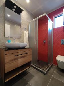 a bathroom with a sink and a glass shower at F & P apartment in Kardamaina