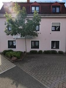 um edifício branco com uma árvore em frente em Hotel Schenk em Pirmasens