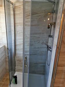 um chuveiro com uma porta de vidro na casa de banho em Zimmervervietung Bei Lachajczyk em Bad Salzdetfurth