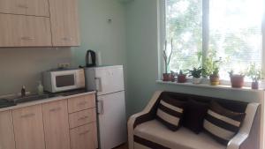 a kitchen with a couch and a microwave and a refrigerator at Central Apartment in Silistra