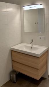 W łazience znajduje się umywalka i lustro. w obiekcie BenB Het Posthuis w mieście Nispen