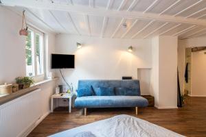 ein Wohnzimmer mit einem blauen Sofa und einem TV in der Unterkunft Fewo Sankt Johann ii in Konstanz