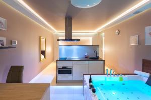 Il comprend une cuisine équipée d'un évier et d'une cuisinière. dans l'établissement Lilly De Luxe Apartment with jacuzzi, à Michałowice