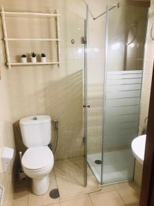 a bathroom with a toilet and a glass shower at Apartamentos Europa, Playa del Inglés in Playa del Ingles