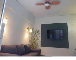 a living room with a couch and a flat screen tv at Eleni's Central DownTown Quitness in Athens