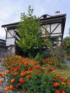 un jardin avec des fleurs orangées en face d'un bâtiment dans l'établissement La Bunica, à Cisnădioara