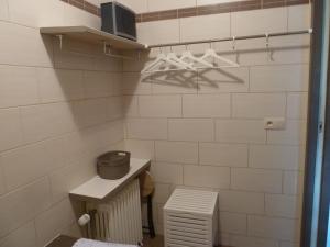 a bathroom with a white tiled wall and a radiator at 'Chez Lulu' - Gîte cocon avec bain nordique Ardenne in Au delà de lʼEau