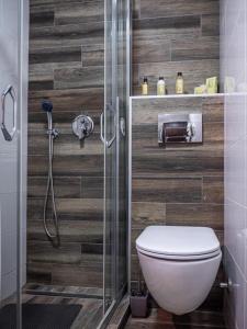 a bathroom with a toilet and a glass shower at GOFD Apartman in Belgrade