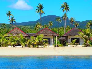 un complejo en una playa con palmeras y agua en Footprints Beach Resort en Agpudlos