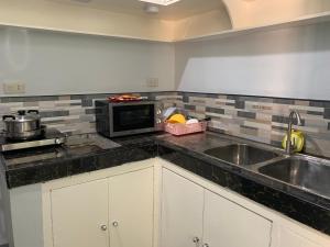 cocina con fregadero y microondas en Beinte Singko de Marso Apartments en Candon