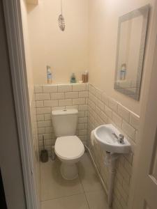ein Bad mit einem WC und einem Waschbecken in der Unterkunft Stunning guest suite with private hot tub in Rogerstone