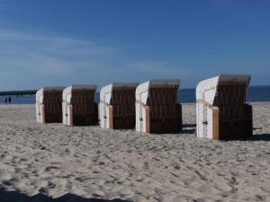 4 chaises de plage bordées sur une plage de sable dans l'établissement Gutshaus Thorstorf FeWo Wolenberger Wiek, à Warnow