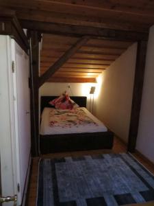 キスレックにあるFerienwohnung Bronnerの木製の天井の客室のベッド1台分です。