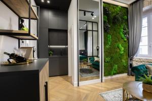 a kitchen with a green wall in a room at DeZign Superior Apartments & Rooms in Zadar