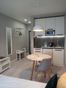 a kitchen and dining room with a table and chairs at Studio Galaxy 2 floor in Kyiv +15 photos
