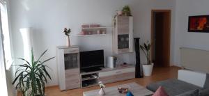 a living room with a flat screen tv on a wooden entertainment center at Am Bahnhof in Hochkirch