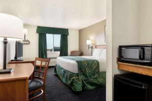 Habitación de hotel con cama y escritorio con TV. en Travelodge by Wyndham North Platte, en North Platte