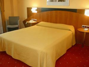 una habitación de hotel con una cama grande y una silla en Hotel Silvota, en Lugo de Llanera