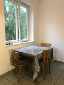 上韋拉赫的住宿－Ferienhaus Vera，餐桌、两把椅子和窗户