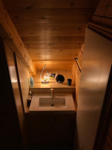 a small bathroom with a sink in a room at Chalet in the Forest in Kalavrita