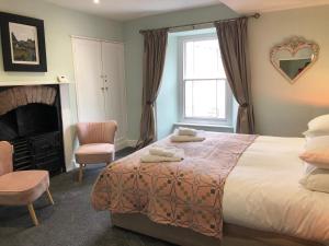 1 dormitorio con 1 cama grande y chimenea en Mount Street House, en Brecon