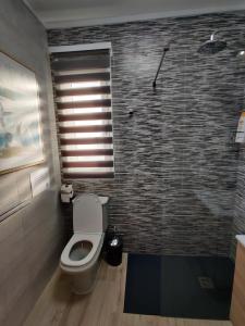 ein Bad mit einem WC und einer Ziegelwand in der Unterkunft Apartamento Playa Quemada Lanzarote in Playa Quemada