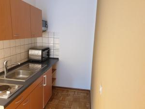 a small kitchen with a sink and a microwave at Renoviertes Wohlfühlapartment in Hagen