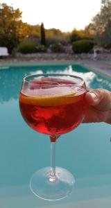 una mano sosteniendo una bebida en un vaso junto a una piscina en La Fréjade, en Lisle-sur-Tarn