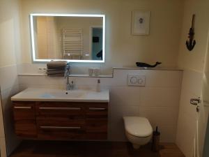 a bathroom with a sink and a toilet and a mirror at Ferienwohnung Hans & Elsa in Neudorf-Bornstein