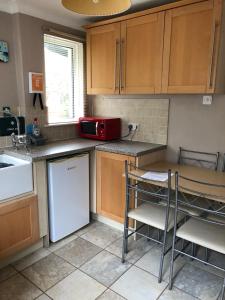 a kitchen with wooden cabinets and a red microwave at The Annexe Room Hea Close in Penzance