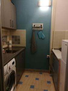 uma cozinha com uma máquina de lavar roupa e uma parede azul em Apartment Oltec em Bohunice