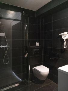 a black bathroom with a toilet and a shower at Auberge De Moerse Hoeve in De Moer