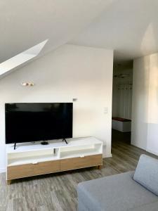 ein Wohnzimmer mit einem großen Flachbild-TV in der Unterkunft Apartament Julia in Skierniewice