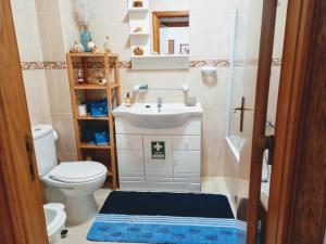 een kleine badkamer met een wastafel en een toilet bij Filipe´s House in Baleal