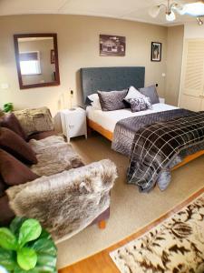 ein Wohnzimmer mit einem Bett und einem Sofa in der Unterkunft The Little Red Shed in Russell