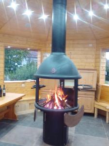 una stufa in una stanza con un fuoco dentro di Ferienwohnung Harmonie a Kulmbach