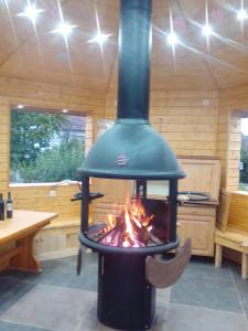 a stove in a room with a fire in it at Ferienwohnung Harmonie in Kulmbach