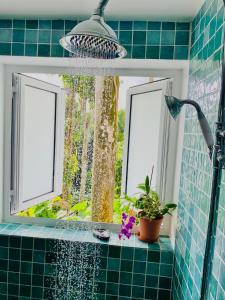 a shower in a green tiled bathroom with a window at L'ylang ylang in Petit-Bourg +33 photos