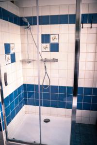 a shower in a bathroom with blue and white tiles at U Mushera in Vrchlabí