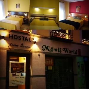 two pictures of a hotel room with two beds at Hostal Doña Juana in Avila