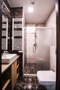 La salle de bains est pourvue d'une douche, de toilettes et d'un lavabo. dans l'établissement Fakapu Pince és Panzió, à Tokaj