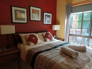 a bedroom with a bed with red walls and a window at Charming country house close to Grafton in Waterview Heights