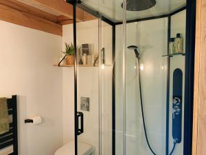 a shower with a glass door in a bathroom at Hoogtij°d in Oostvoorne