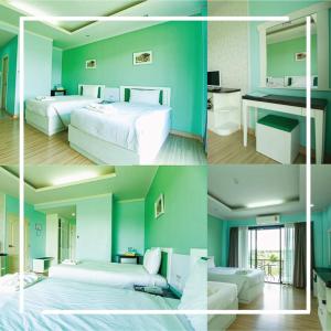 een collage van vier foto's van een kamer met twee bedden bij Kradang Nga Boutique Inn in Khun Han