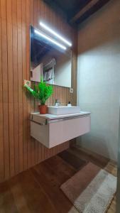 La salle de bains est pourvue d'un lavabo et d'un miroir. dans l'établissement Casas del Castillo, 1, à Ávila